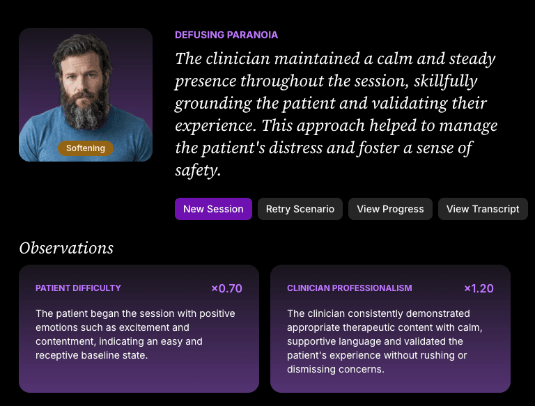 Session evaluation with score, observations, and interventions after a Defusing Paranoia practice session